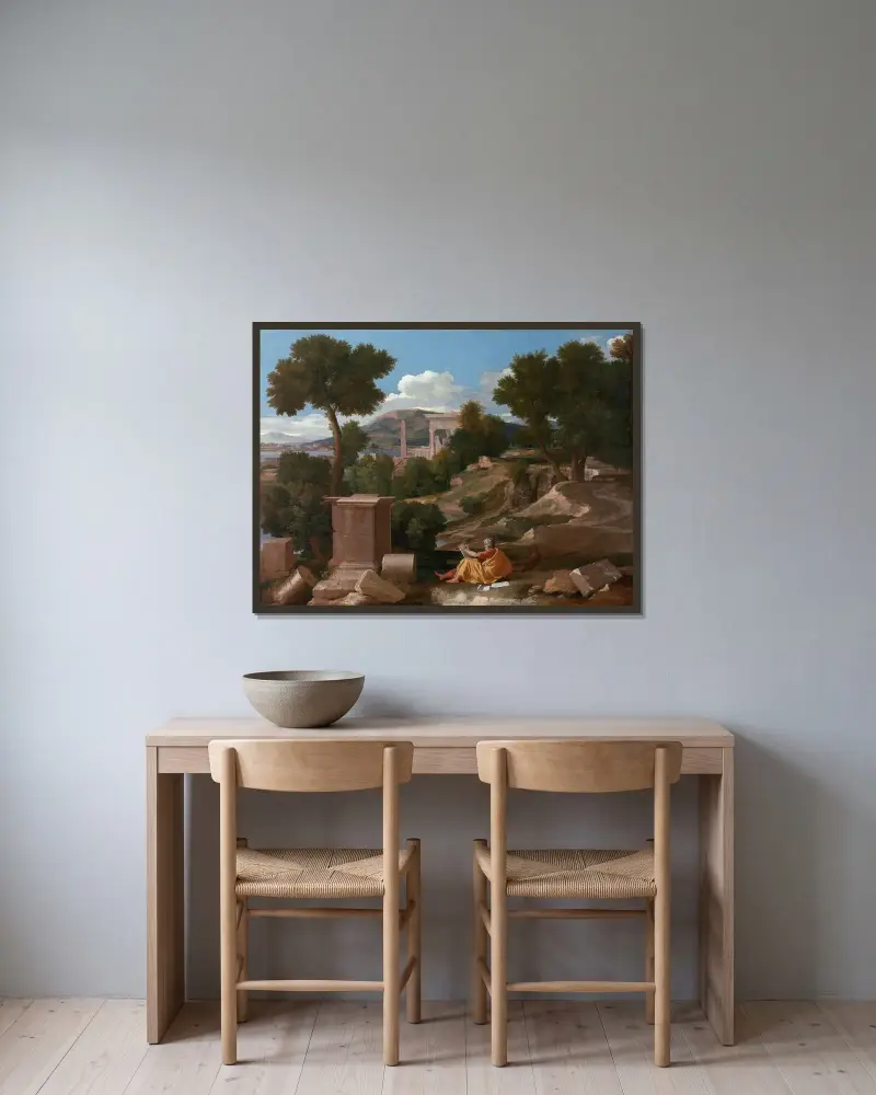 Landskap med Johannes på Patmos av Nicolas Poussin inramad på en vägg