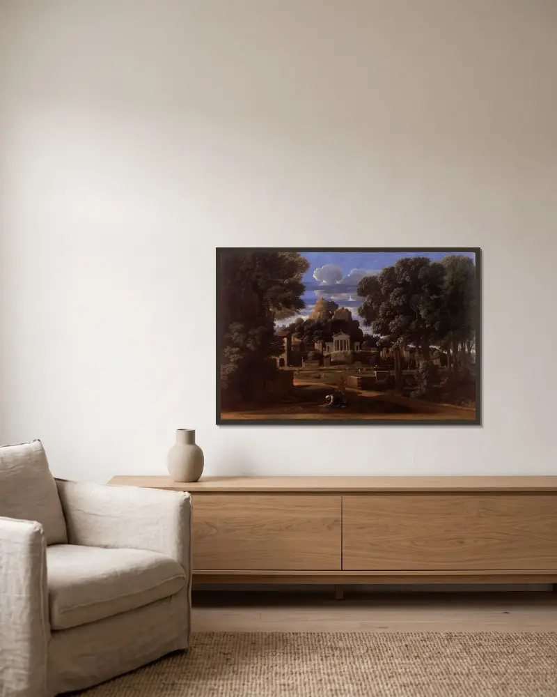 Landskap med Fokions aska av Nicolas Poussin inramad på en vägg