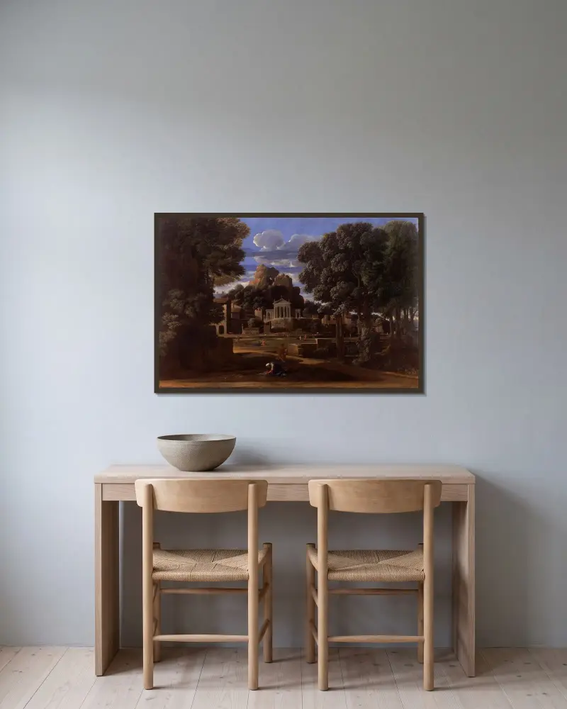 Landskap med Fokions aska av Nicolas Poussin inramad på en vägg