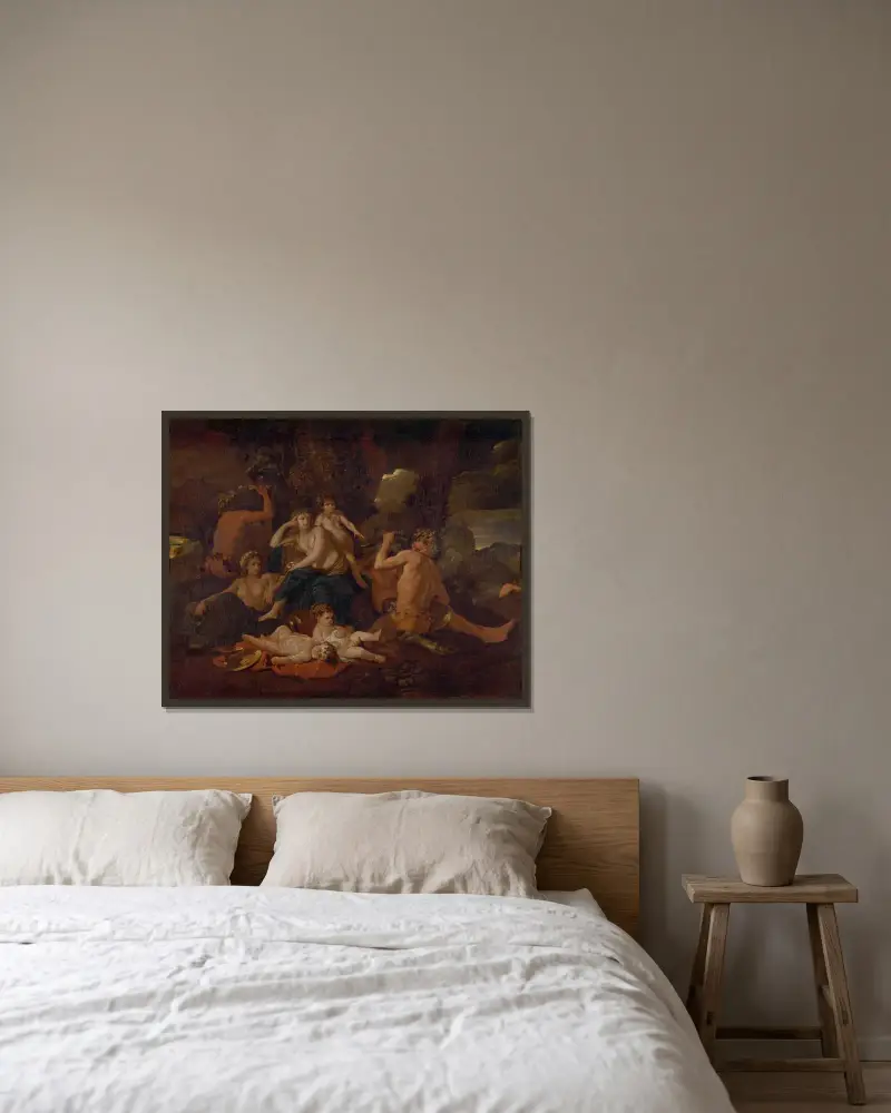 Bacchus barndom av Nicolas Poussin inramad på en vägg