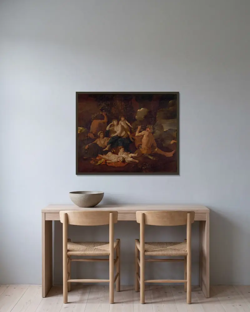 Bacchus barndom av Nicolas Poussin inramad på en vägg