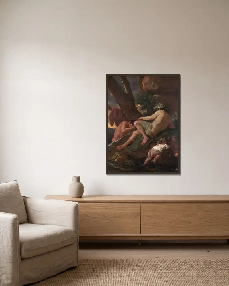 Midas tvättar sig vid Pactolus källa av Nicolas Poussin inramad på en vägg