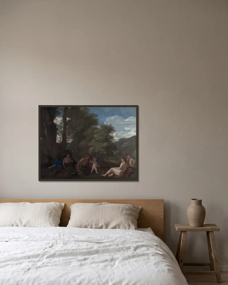 Nymphen und ein Satyr (Amor vincit omnia) von Nicolas Poussin gerahmt an einer Wand