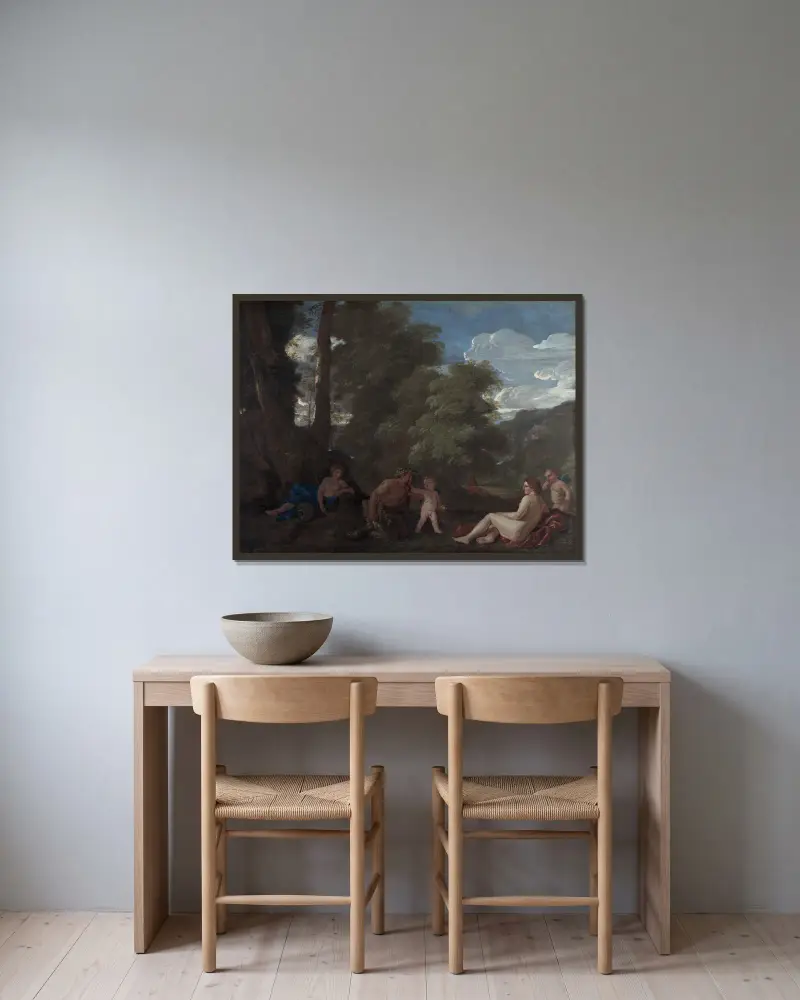 Nymphen und ein Satyr (Amor vincit omnia) von Nicolas Poussin gerahmt an einer Wand