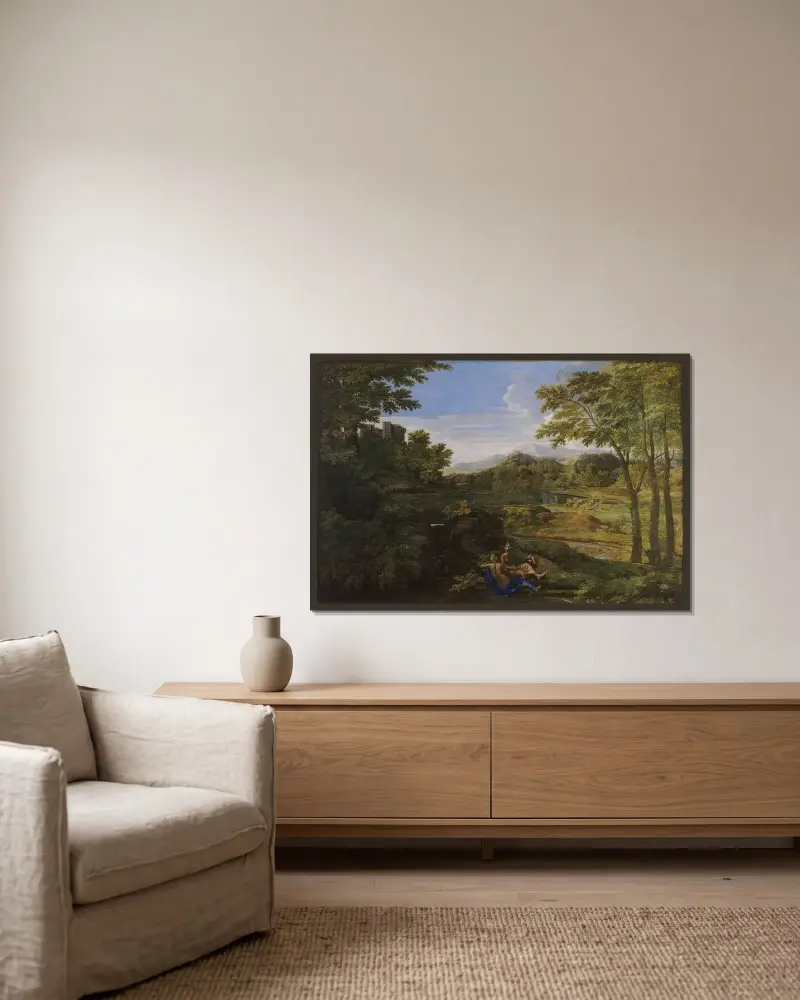 Landskap med två nymfer och en orm av Nicolas Poussin inramad på en vägg