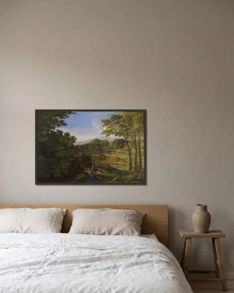 Landskap med två nymfer och en orm av Nicolas Poussin inramad på en vägg