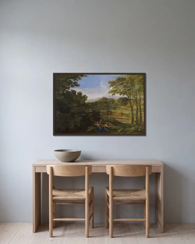 Landskap med två nymfer och en orm av Nicolas Poussin inramad på en vägg