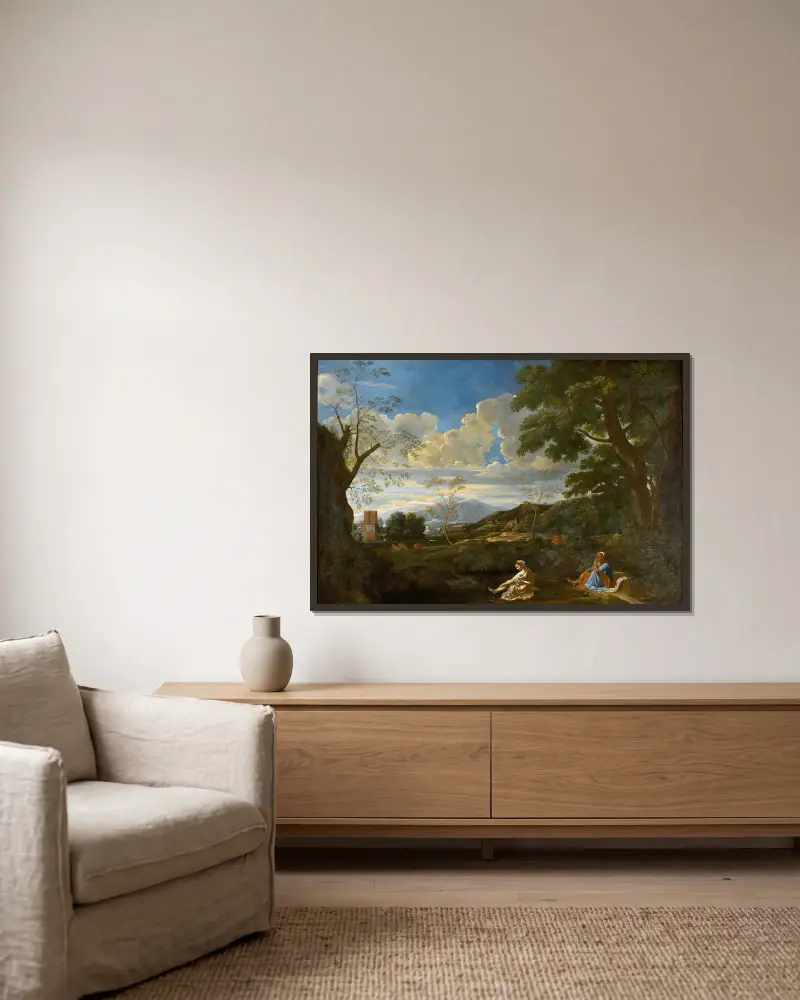 Paysage avec la femme qui se lave les pieds av Nicolas Poussin inramad på en vägg