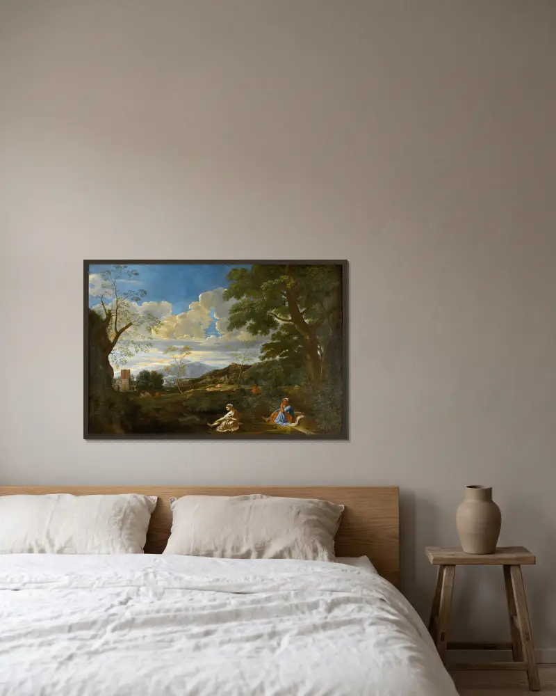 Paysage avec la femme qui se lave les pieds av Nicolas Poussin inramad på en vägg