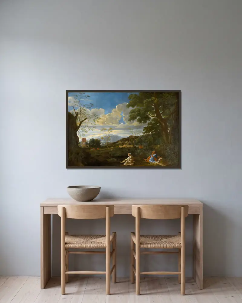 Paysage avec la femme qui se lave les pieds av Nicolas Poussin inramad på en vägg