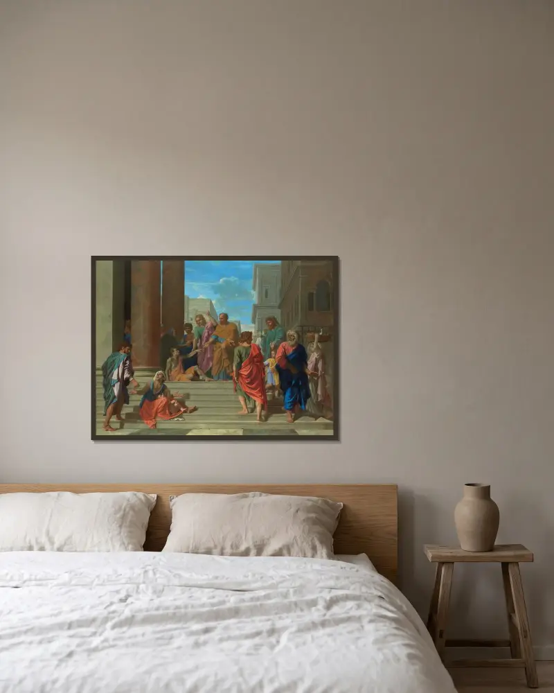 Sankt Petrus och Johannes botar den lame av Nicolas Poussin inramad på en vägg