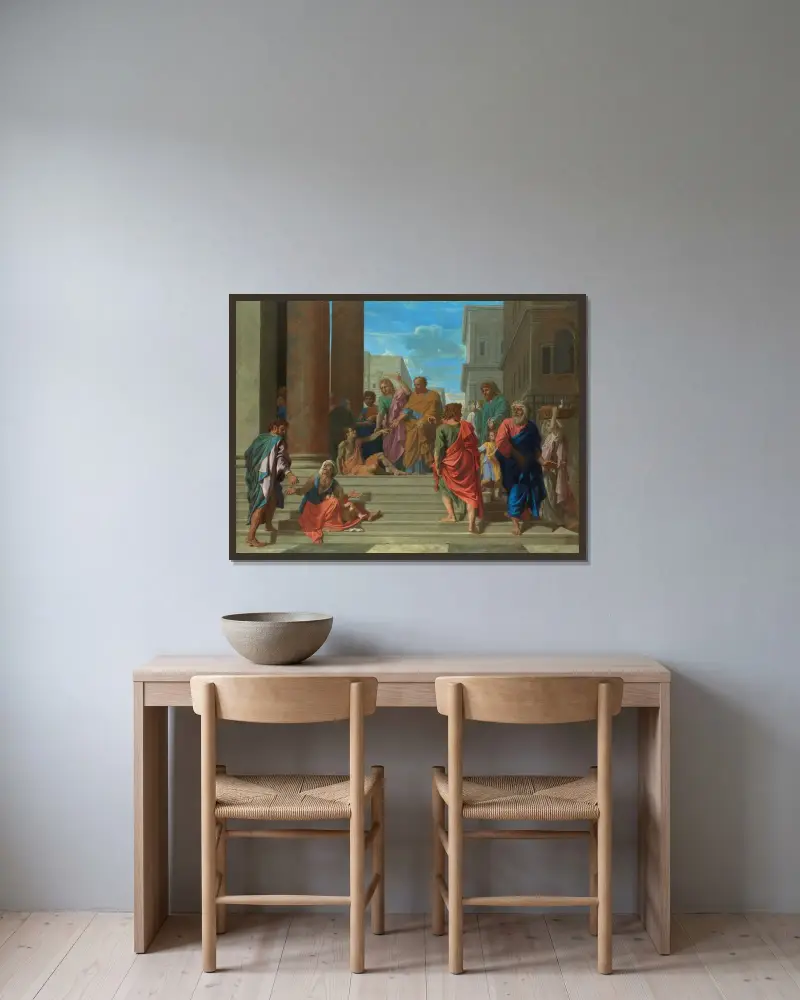 Sankt Petrus och Johannes botar den lame av Nicolas Poussin inramad på en vägg
