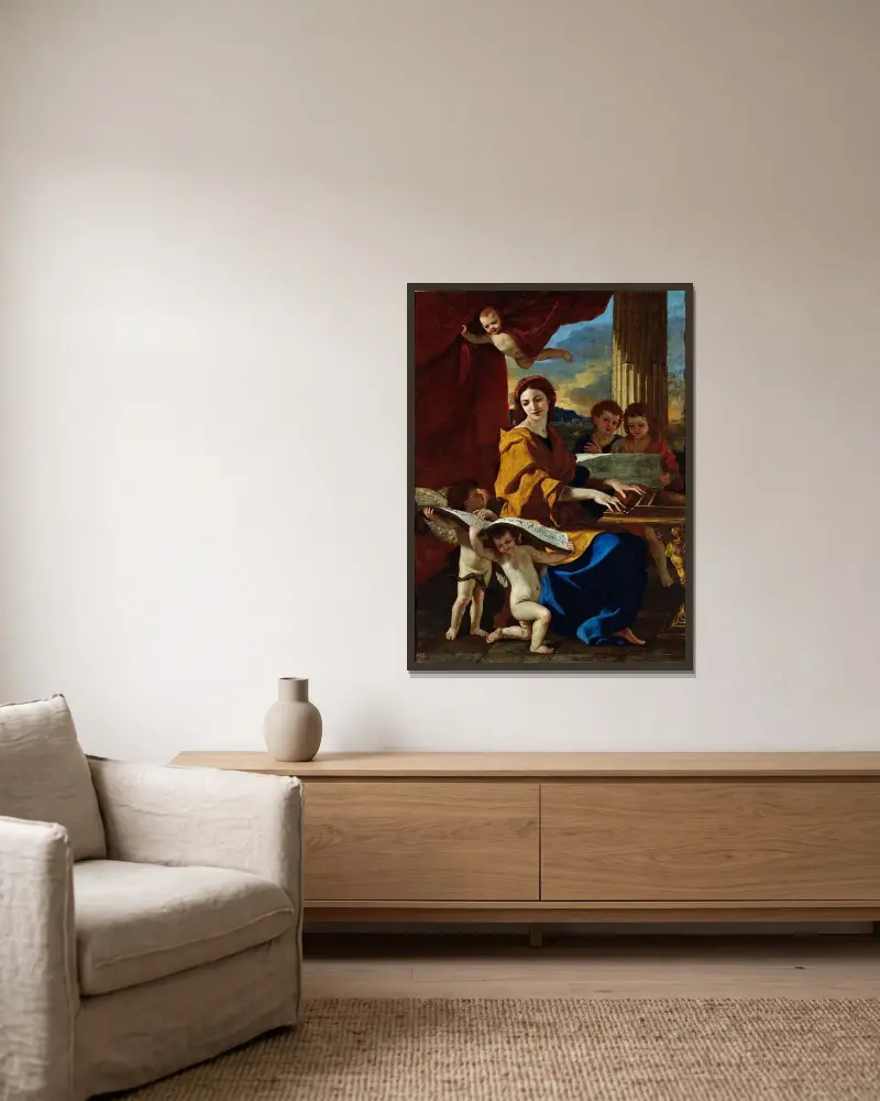 Sankta Cecilia av Nicolas Poussin inramad på en vägg