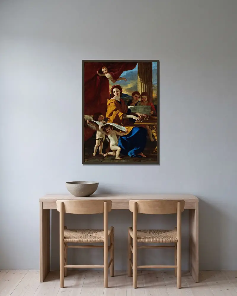 Sankta Cecilia av Nicolas Poussin inramad på en vägg