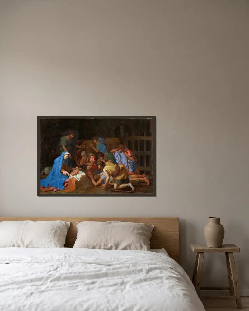 Herdarnas tillbedjan av Nicolas Poussin inramad på en vägg