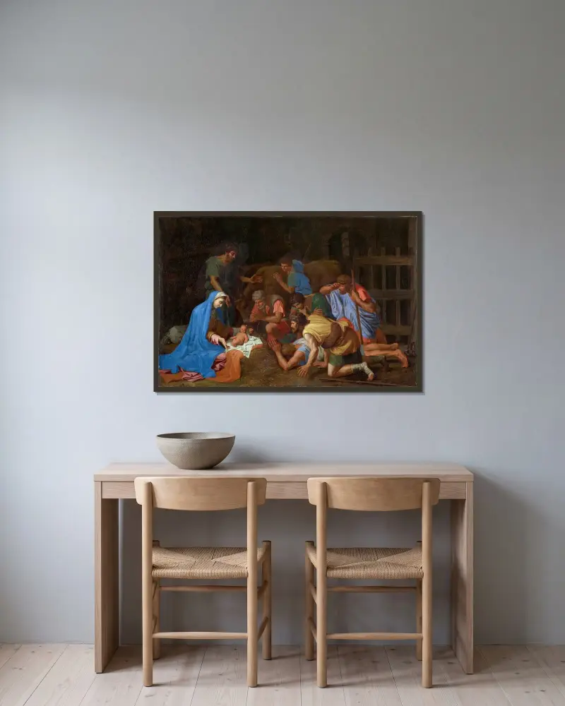 Herdarnas tillbedjan av Nicolas Poussin inramad på en vägg