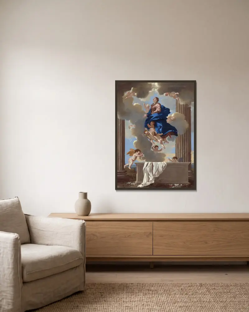 Jungfru Marie himmelsfärd av Nicolas Poussin inramad på en vägg