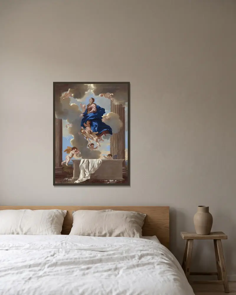Jungfru Marie himmelsfärd av Nicolas Poussin inramad på en vägg