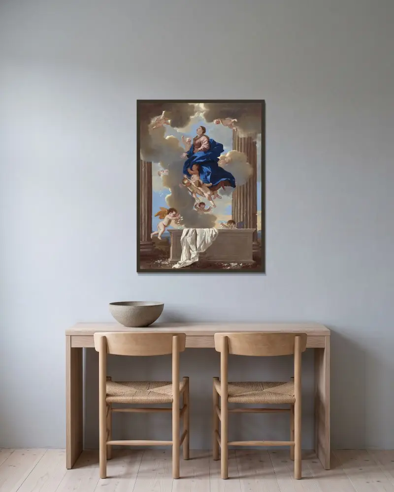 Jungfru Marie himmelsfärd av Nicolas Poussin inramad på en vägg
