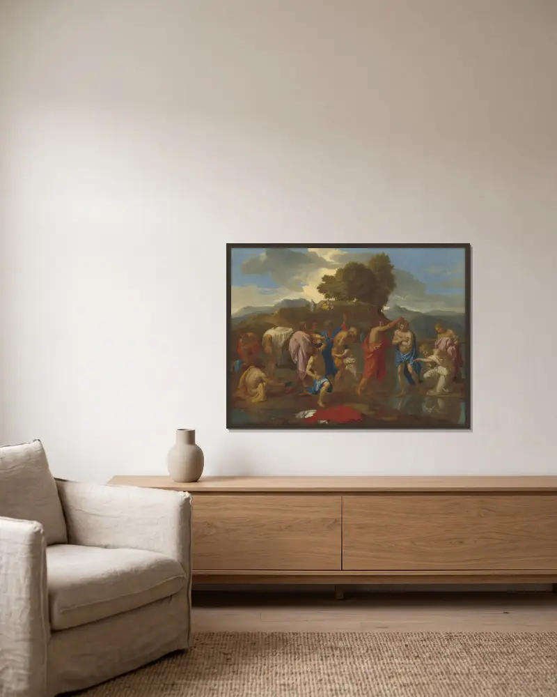 The Baptism of Christ av Nicolas Poussin inramad på en vägg
