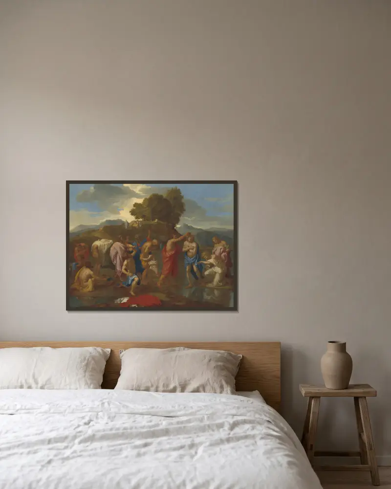 The Baptism of Christ av Nicolas Poussin inramad på en vägg