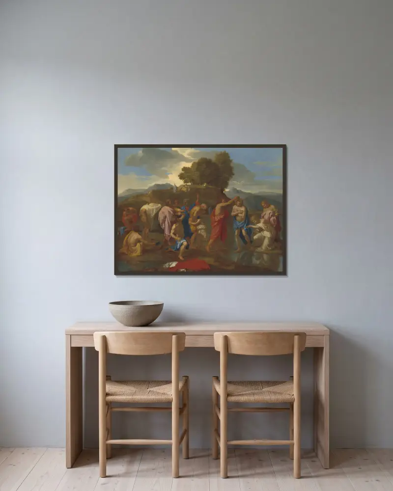 The Baptism of Christ av Nicolas Poussin inramad på en vägg