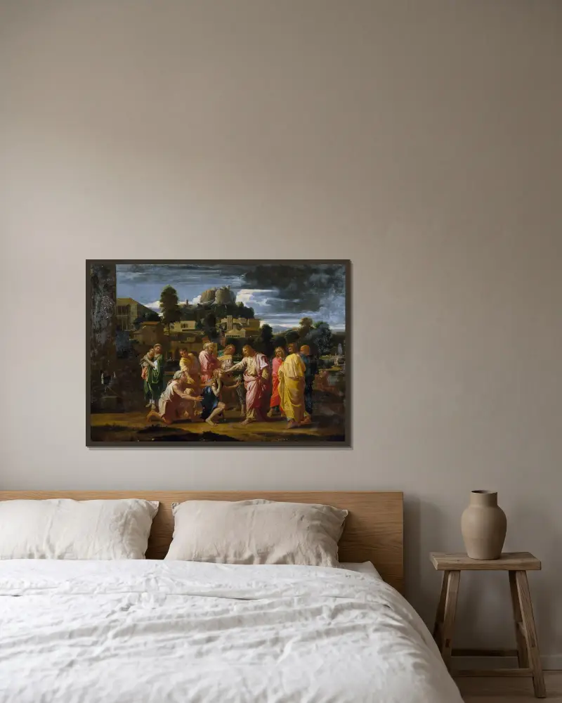 De blinda männen i Jeriko av Nicolas Poussin inramad på en vägg