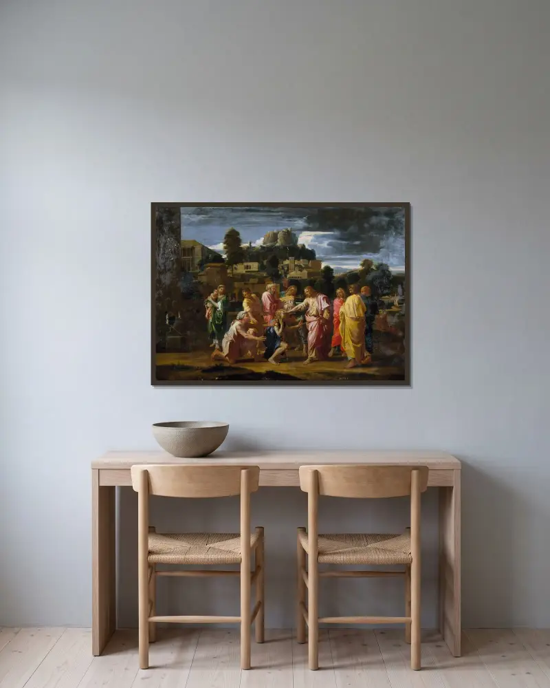 De blinda männen i Jeriko av Nicolas Poussin inramad på en vägg