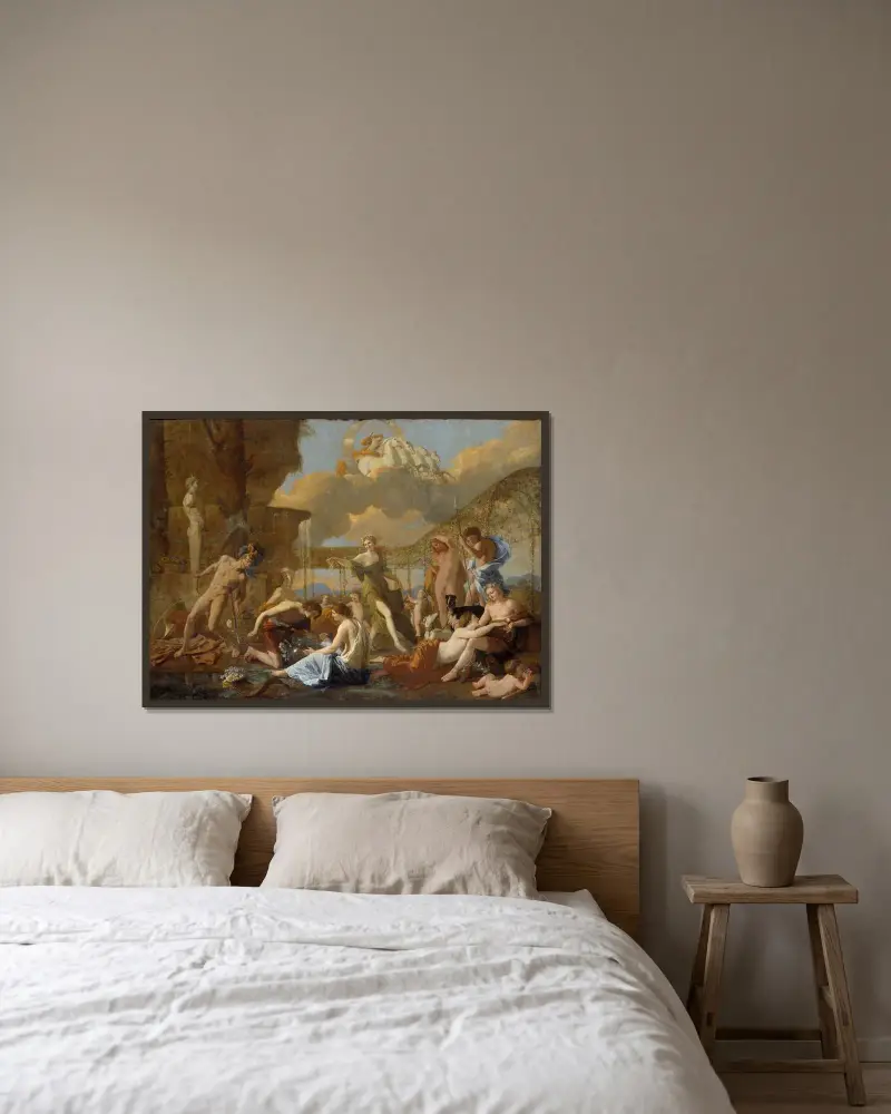 Flora rike av Nicolas Poussin inramad på en vägg