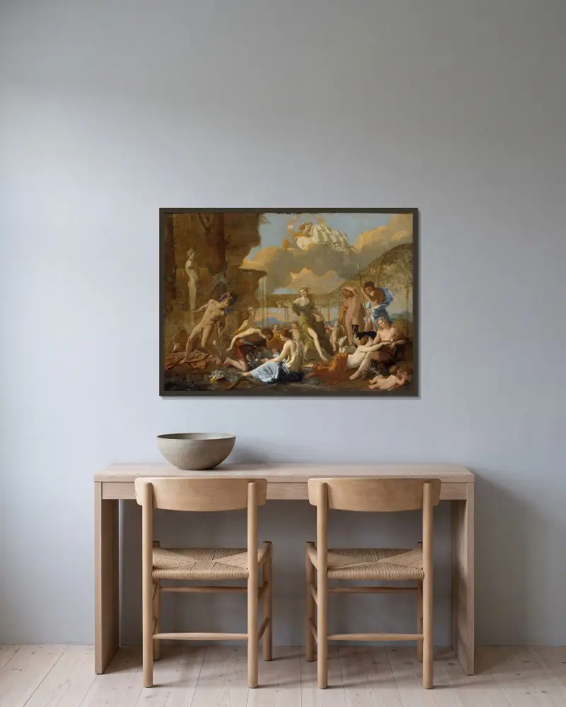 Flora rike av Nicolas Poussin inramad på en vägg
