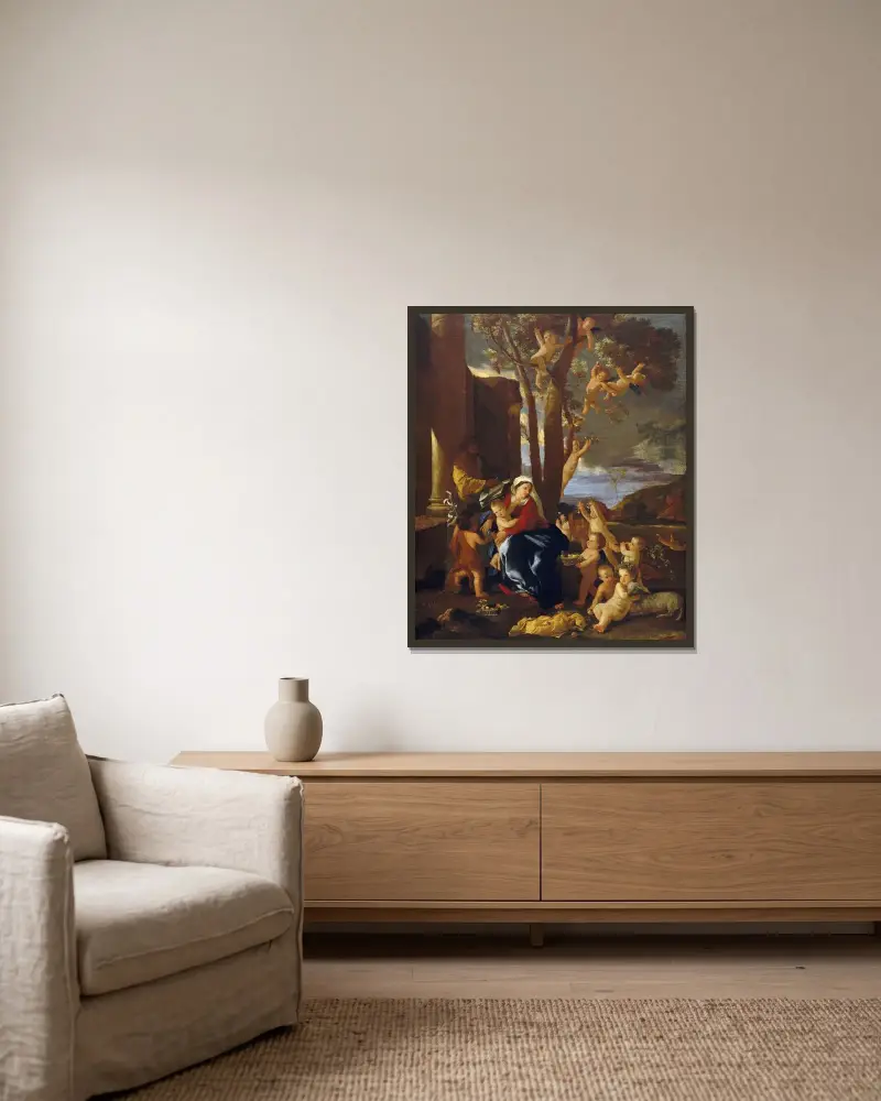 Den heliga familjen med Johannes Döparen av Nicolas Poussin inramad på en vägg