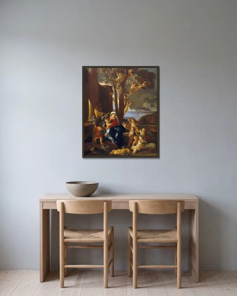 Den heliga familjen med Johannes Döparen av Nicolas Poussin inramad på en vägg
