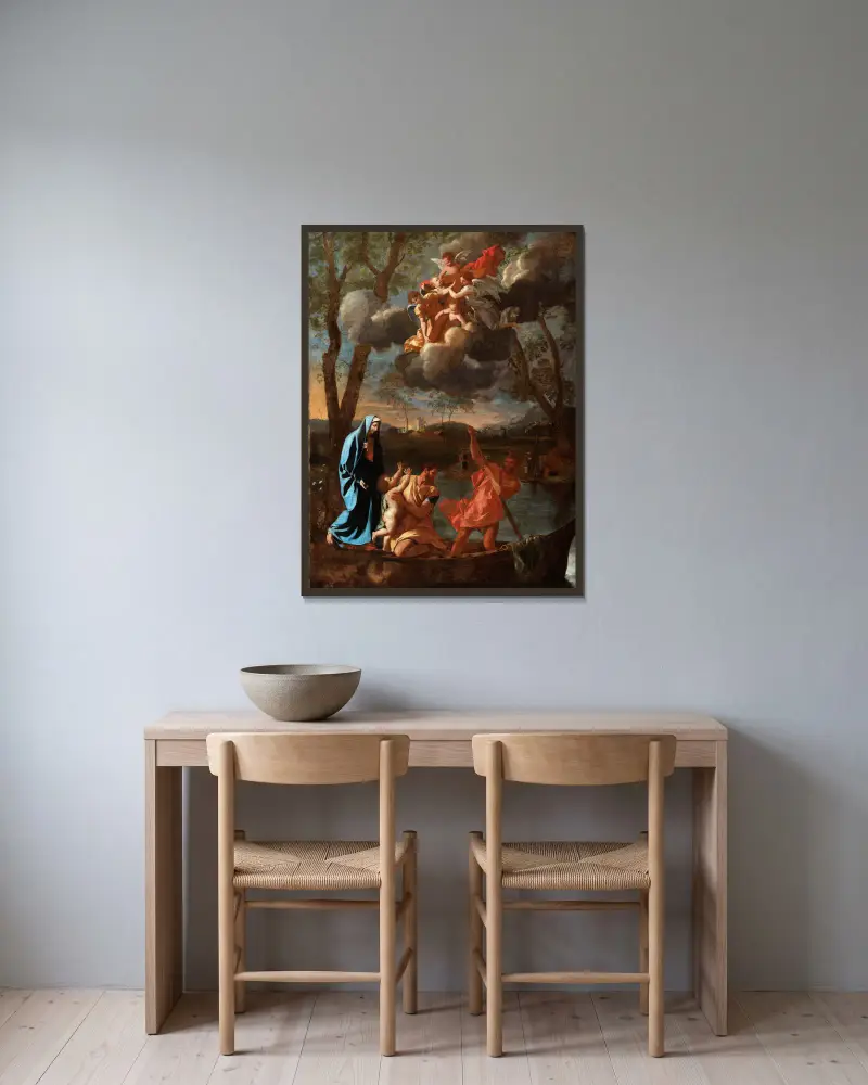 Den heliga familjens återkomst till Nasaret av Nicolas Poussin inramad på en vägg