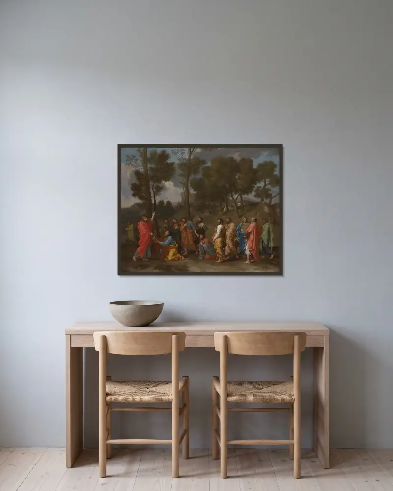 Ordineringens sakrament (Kristus överlämnar nycklarna till Petrus) av Nicolas Poussin inramad på en vägg