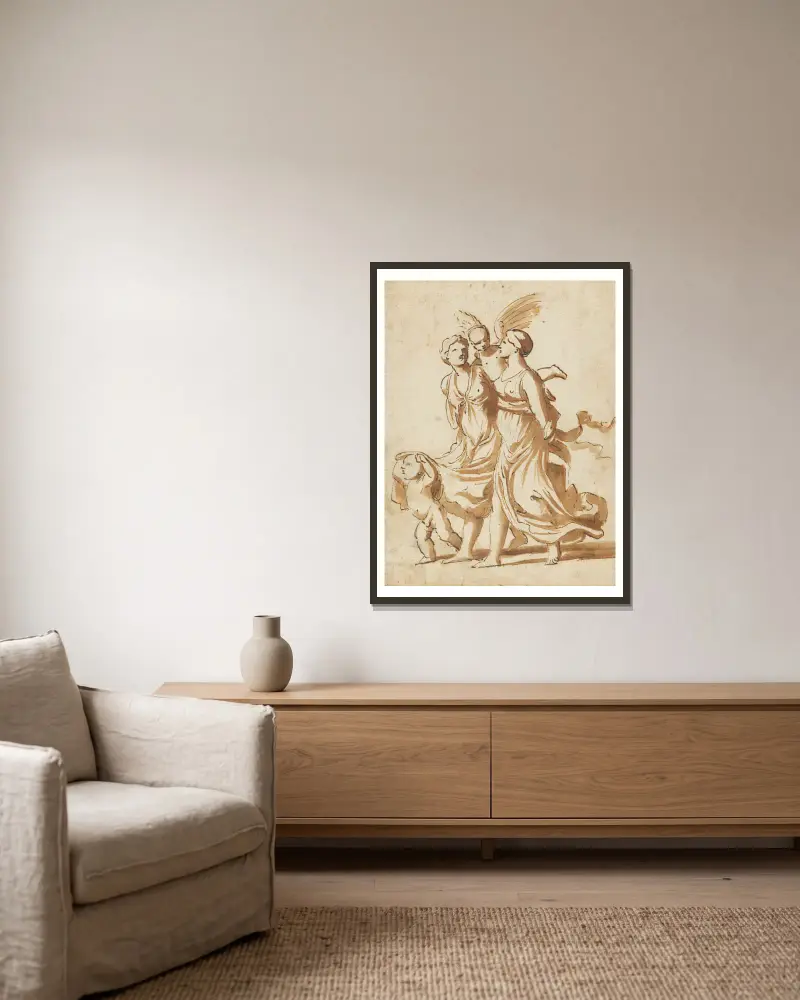 Zwei Mädchen in Begleitung von Cupido von Nicolas Poussin gerahmt an einer Wand