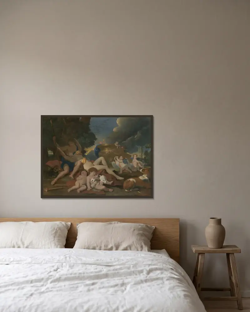 Venus und Adonis von Nicolas Poussin gerahmt an einer Wand