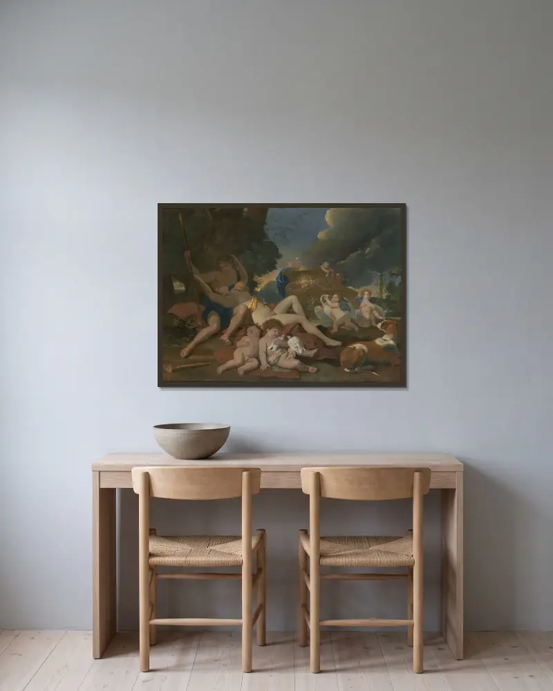 Venus und Adonis von Nicolas Poussin gerahmt an einer Wand