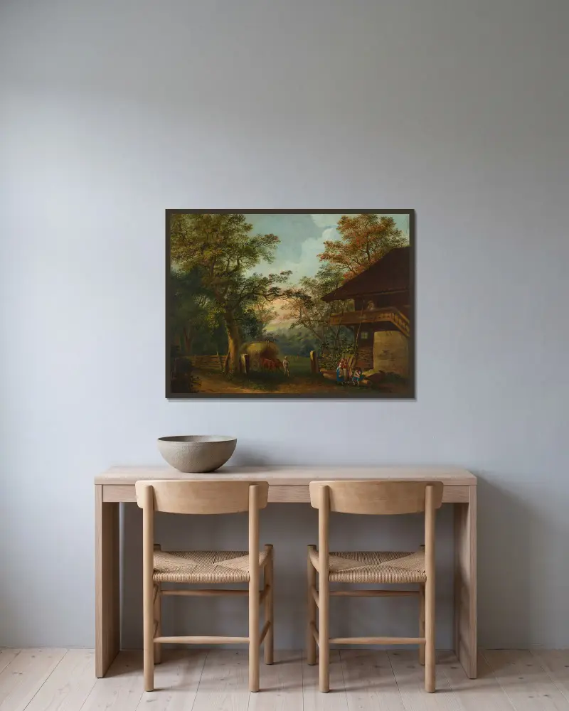Bauern ums Haus von Franz Niklaus König gerahmt an einer Wand