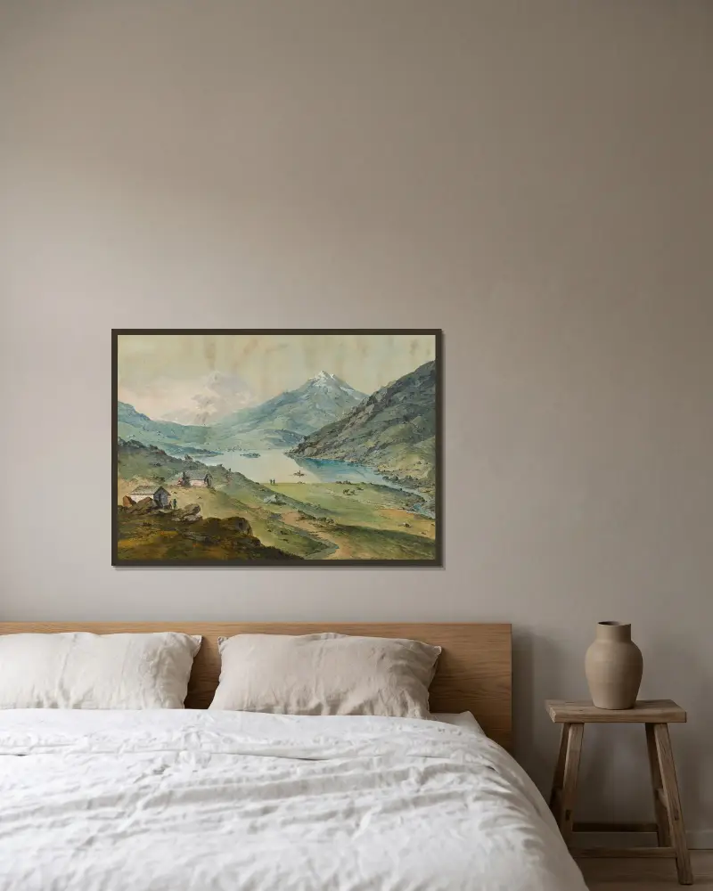 Bergslandskap med sjö av Franz Niklaus König inramad på en vägg