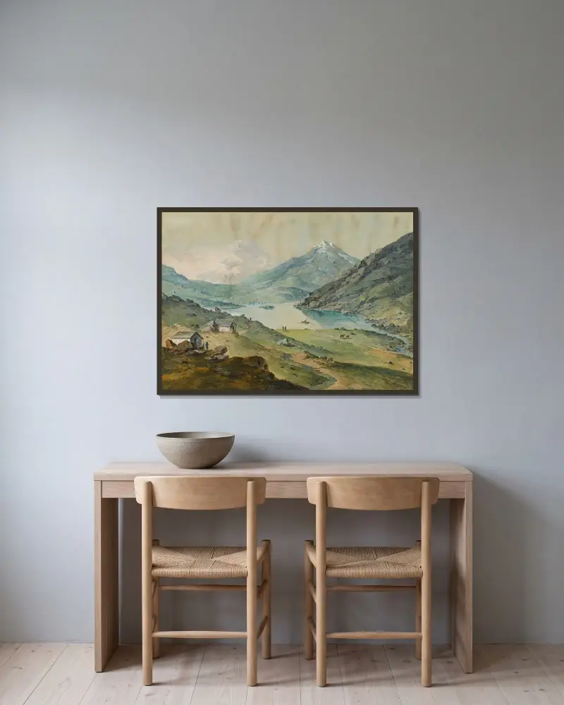 Bergslandskap med sjö av Franz Niklaus König inramad på en vägg