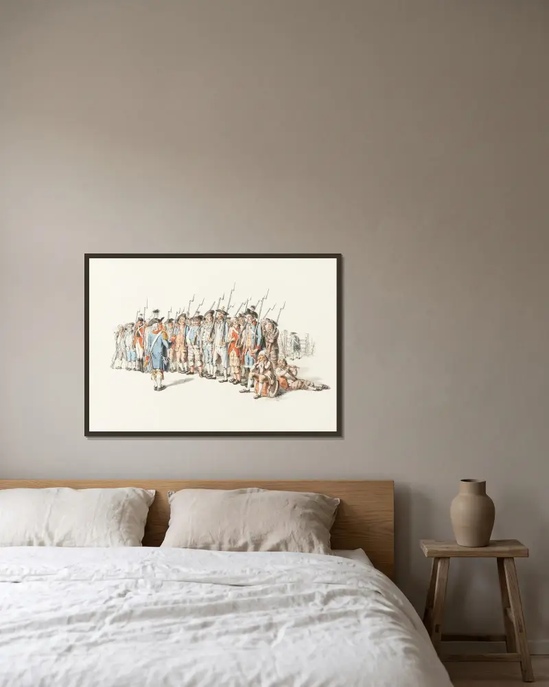 Karikatur auf die Berner Miliz im Ancien Régime von Franz Niklaus König gerahmt an einer Wand