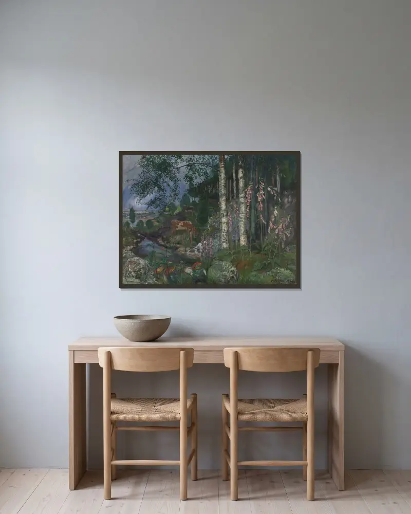 Foxgloves av Nikolai Astrup inramad på en vägg