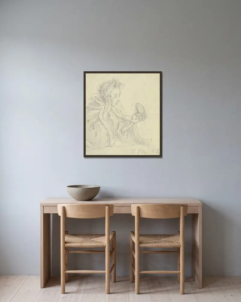 Sittande ung kvinna i profil mot höger, betraktande sig i en fick spegel av Daniel Nikolaus Chodowiecki inramad på en vägg