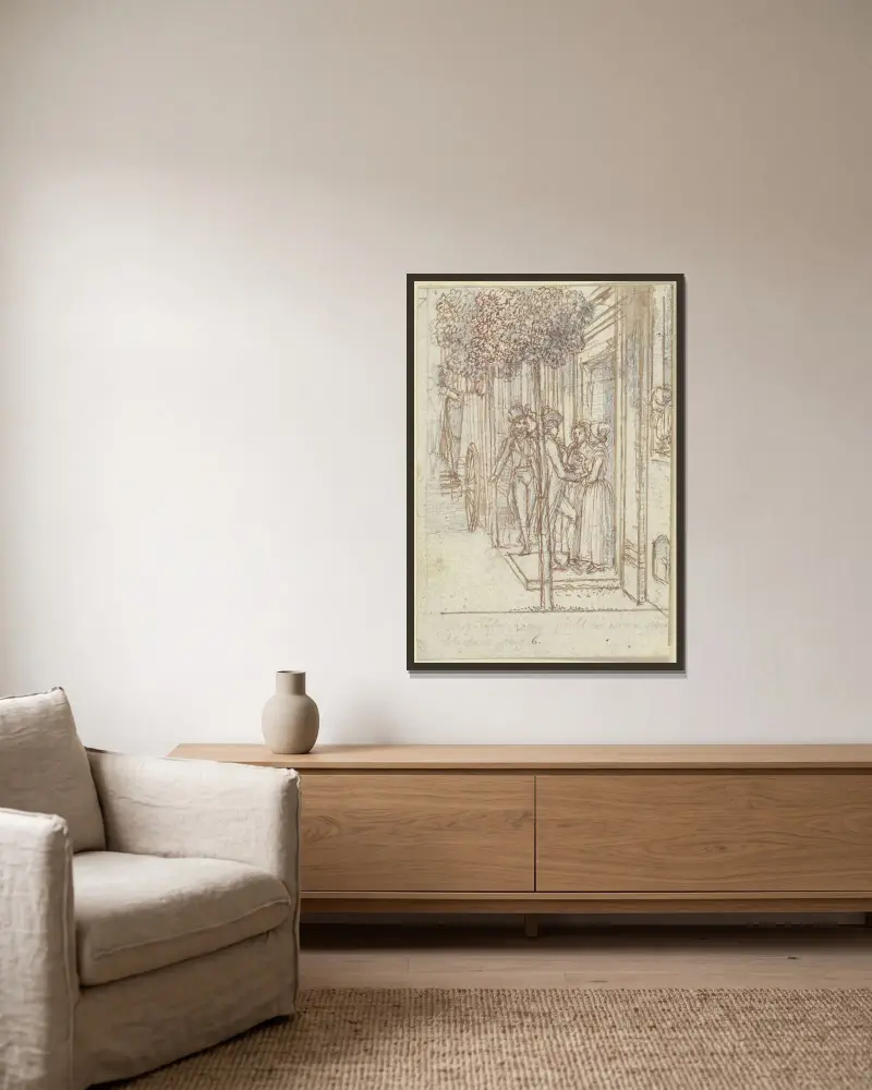 Två kvinnor står vid en ytterdörr under träd av Daniel Nikolaus Chodowiecki inramad på en vägg