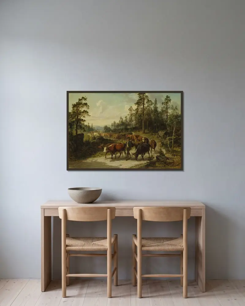 Driving Cattle in Småland av Nils Andersson inramad på en vägg