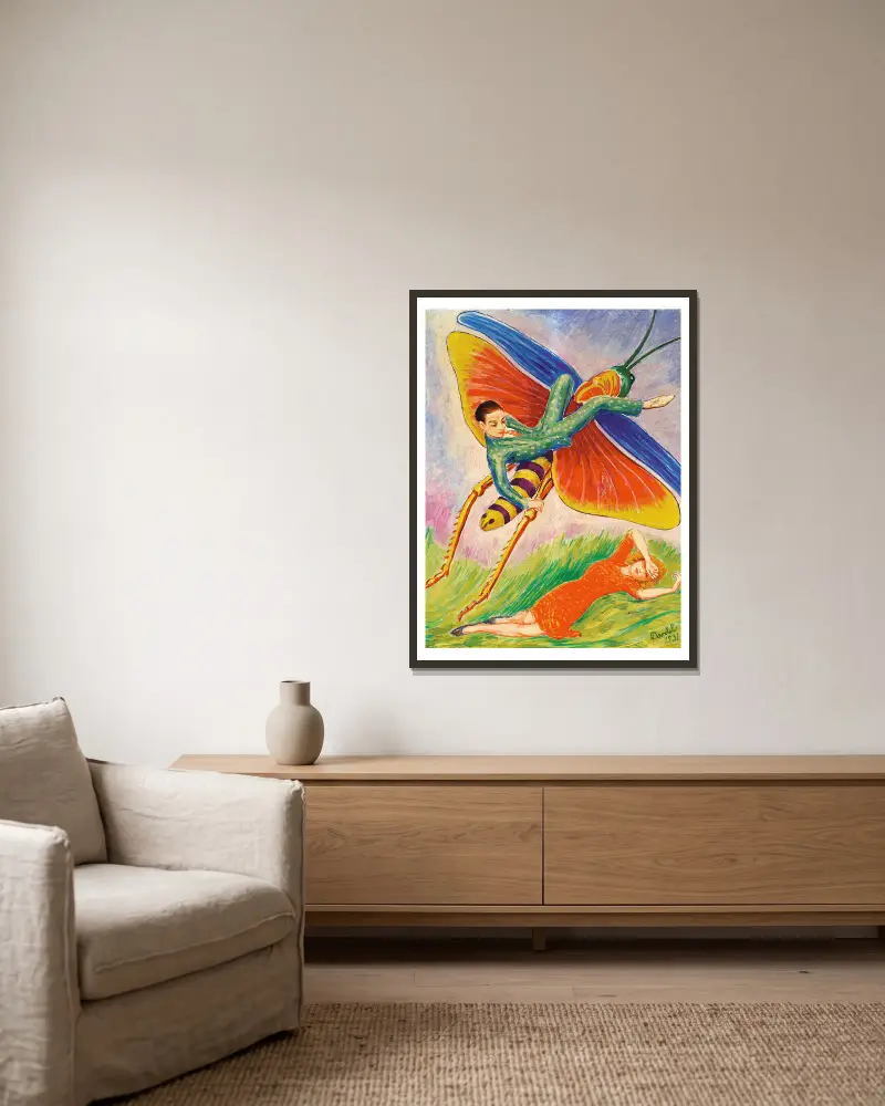Die Heuschrecke von Nils Dardel gerahmt an einer Wand