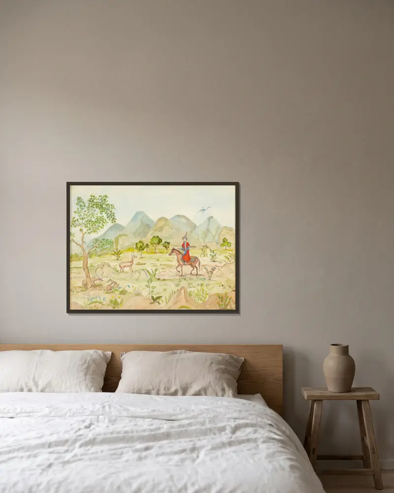 Landskap med ryttare av Nils Dardel inramad på en vägg
