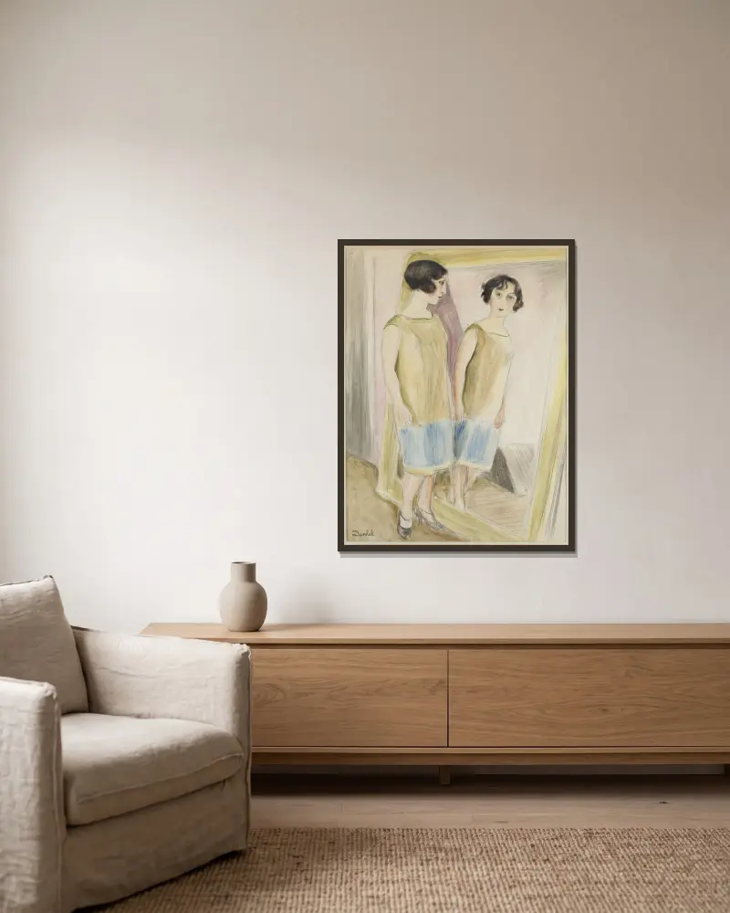 Lucienne vid spegeln av Nils Dardel inramad på en vägg
