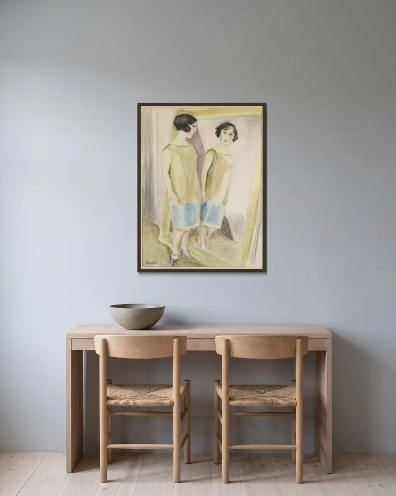 Lucienne vid spegeln av Nils Dardel inramad på en vägg