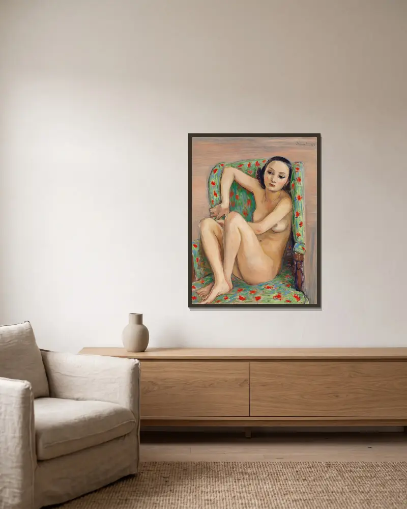 Modell i grön stol av Nils Dardel inramad på en vägg